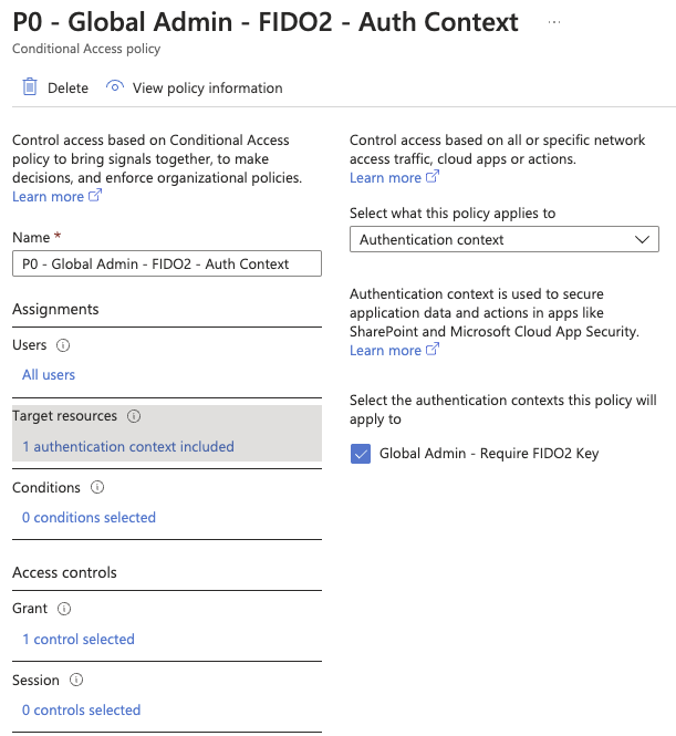Conditional Access Policy for Authentication context