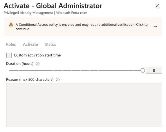 Privileged Identity Management activation warning